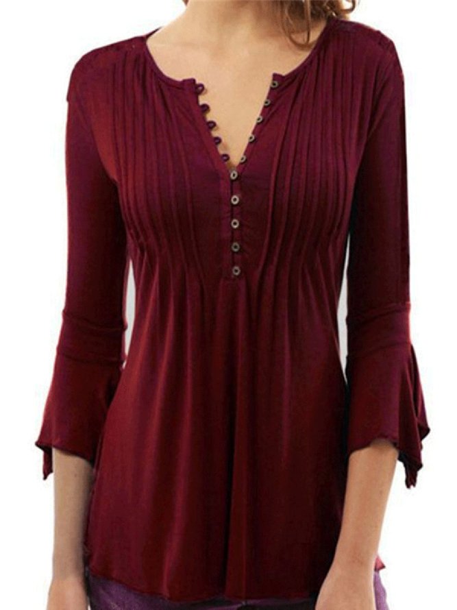 Solid Frill Sleeve Casual Ruched Plus Size Blouse